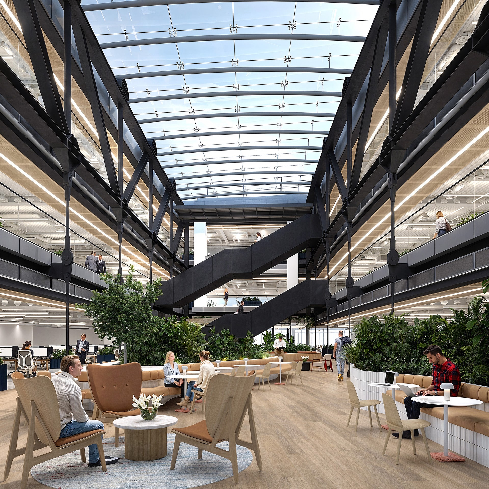 Modern office atrium with skylight, seating areas, plants, and people working.