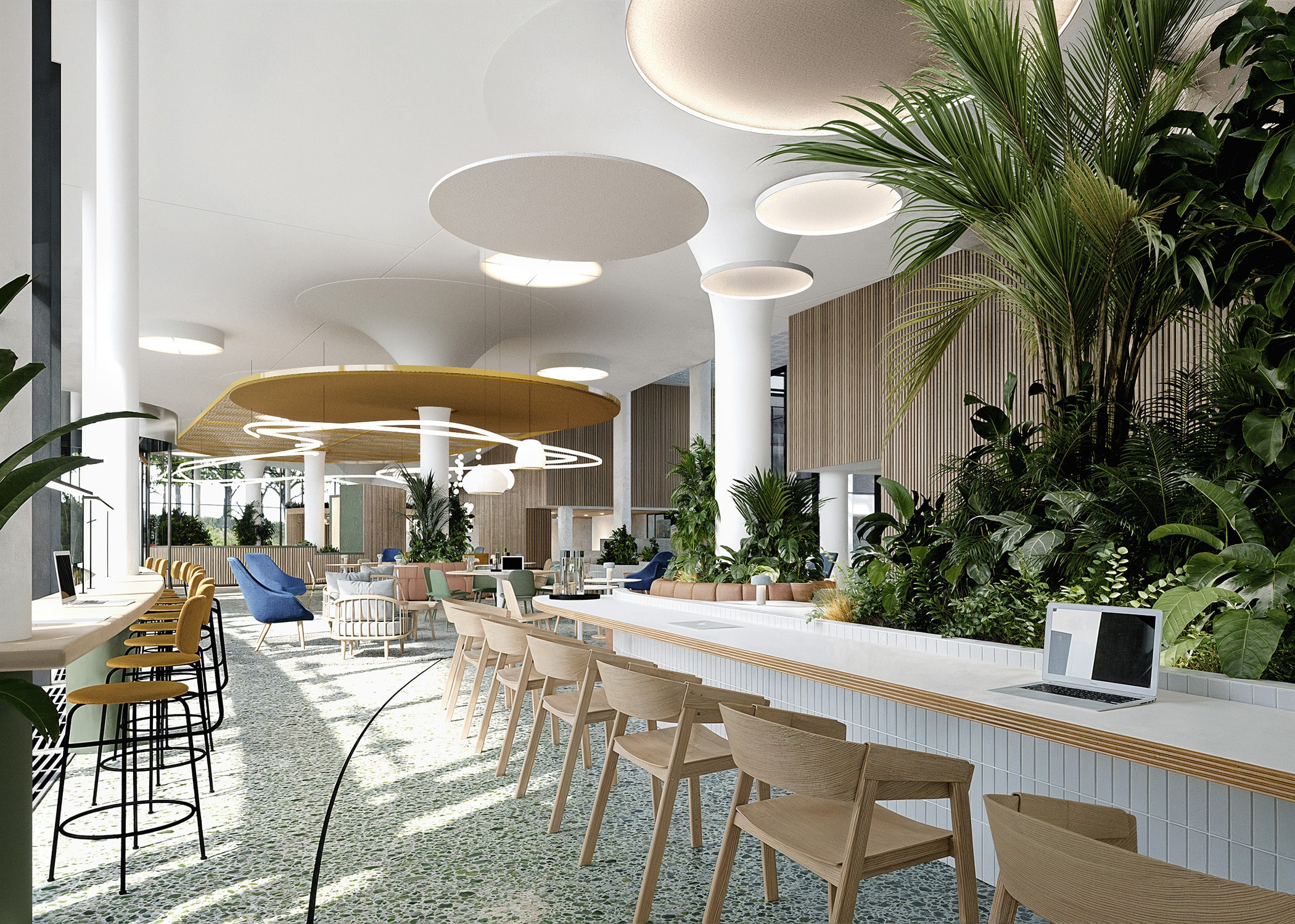 Modern office space with plants, wooden chairs, and circular lights.