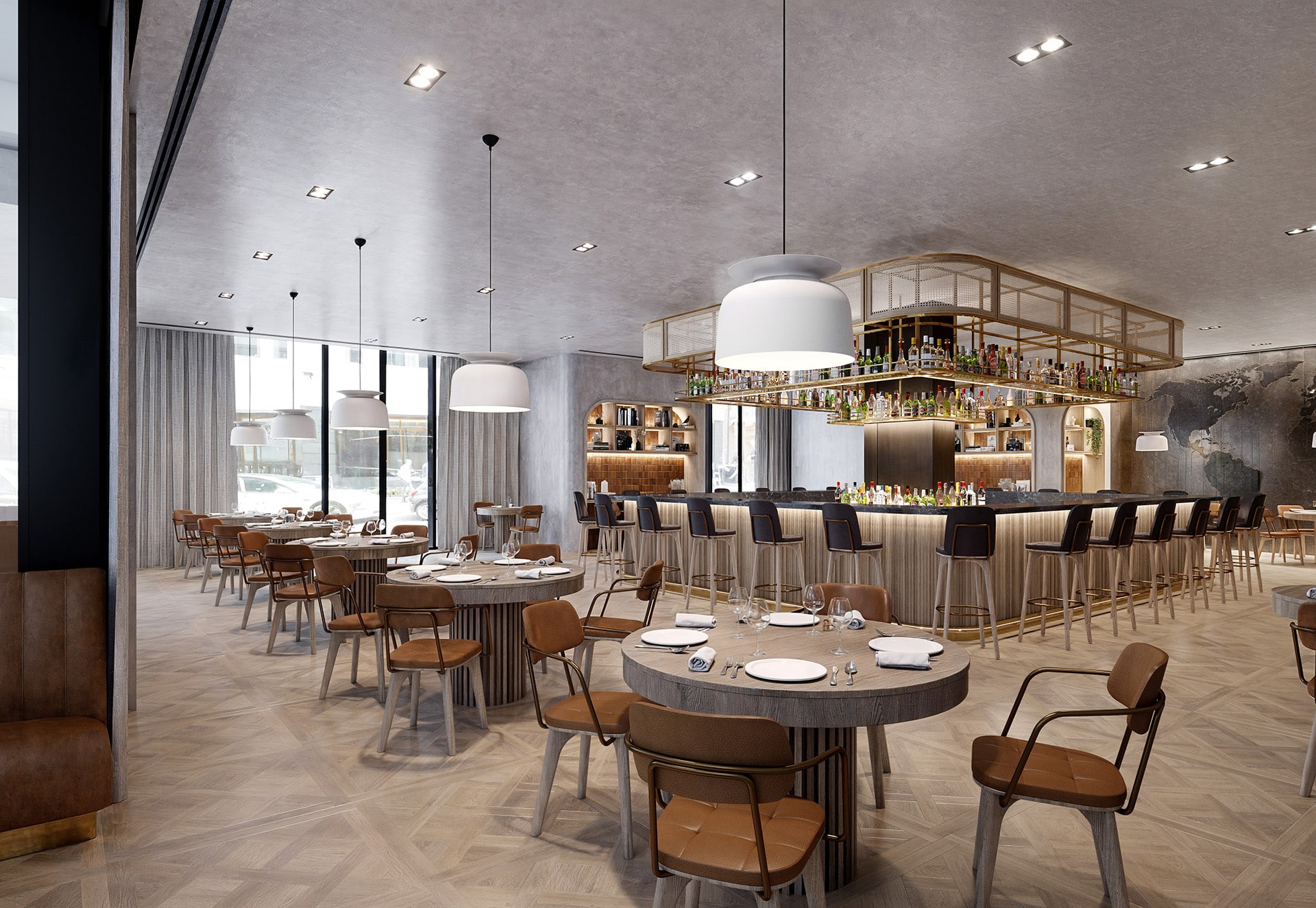 Modern restaurant interior with wooden tables, chairs, and bar seating; bright and minimalist design.