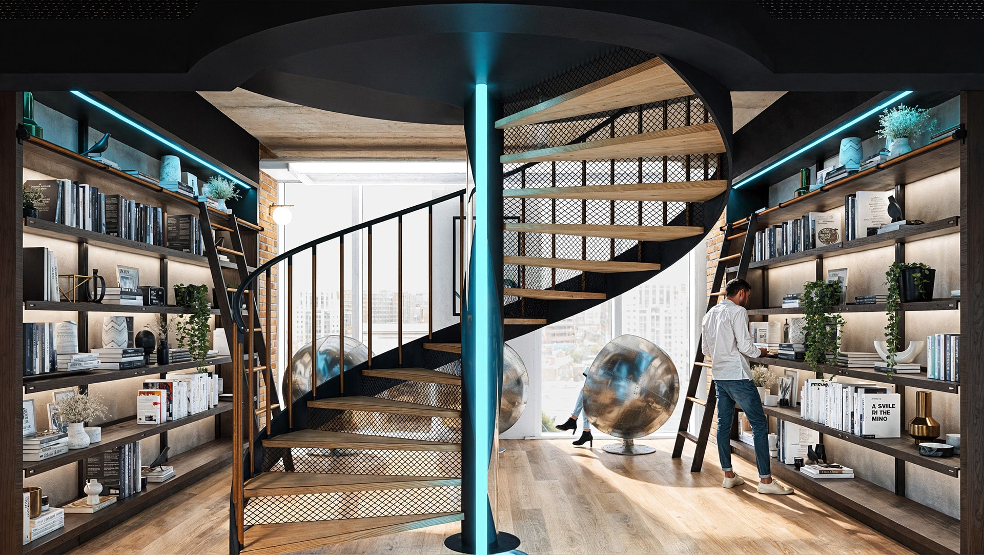Modern library with spiral staircase, bookshelves, and a person browsing.