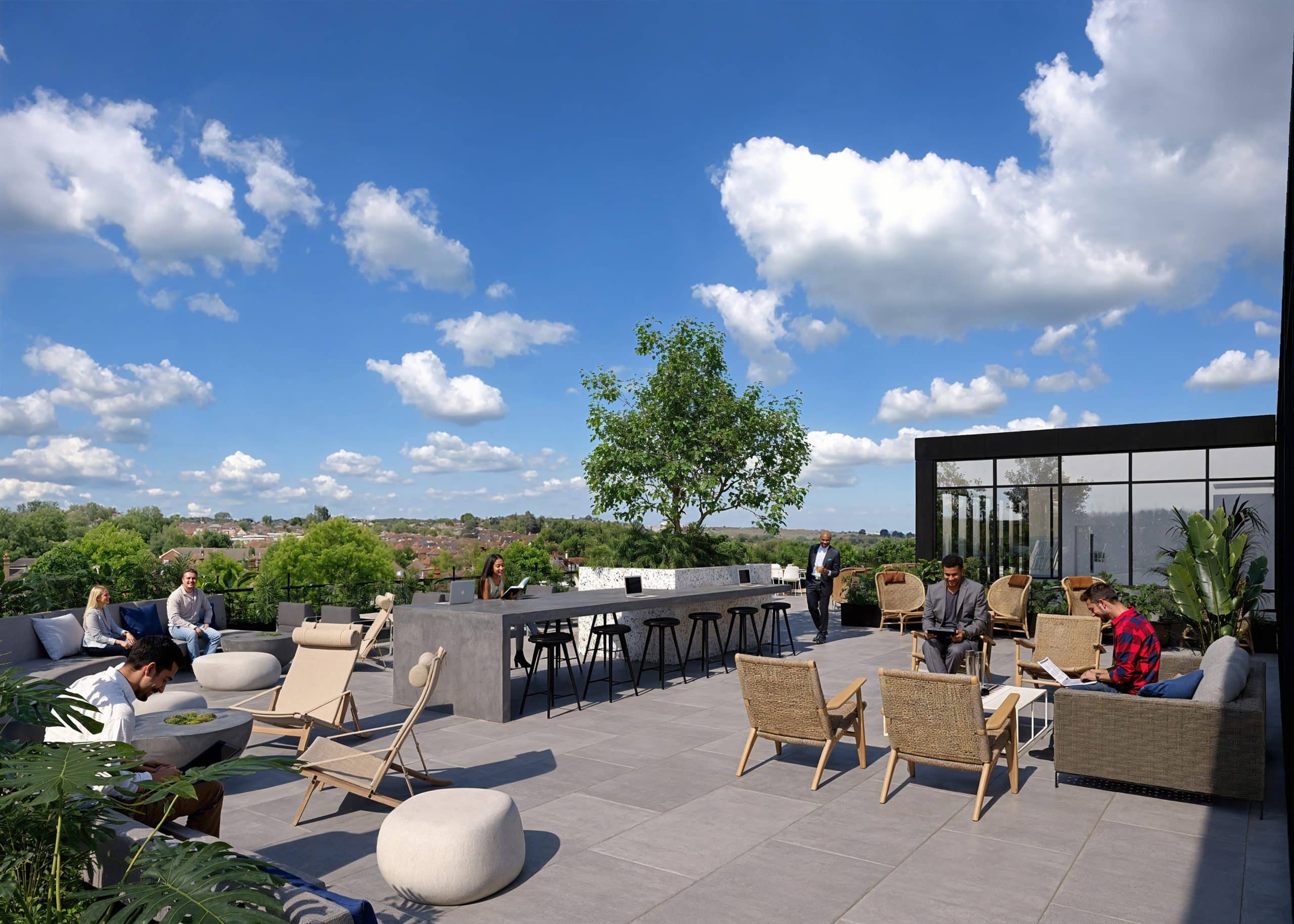 Rooftop terrace with tables, chairs, people relaxing, and a clear blue sky.