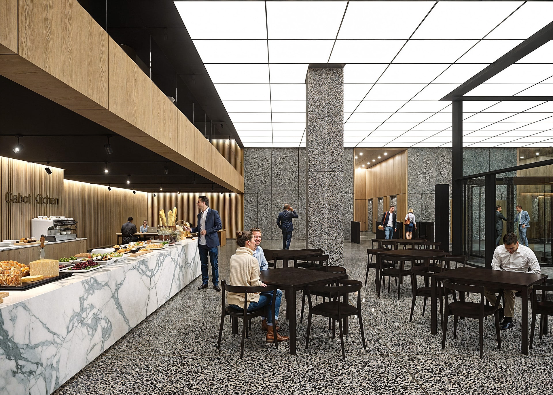 Modern cafeteria with marble counters, seating, and people dining.